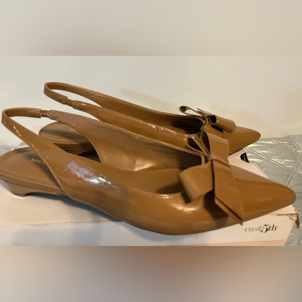 Marc Fisher Tan Patent Slingback Flats with Bow